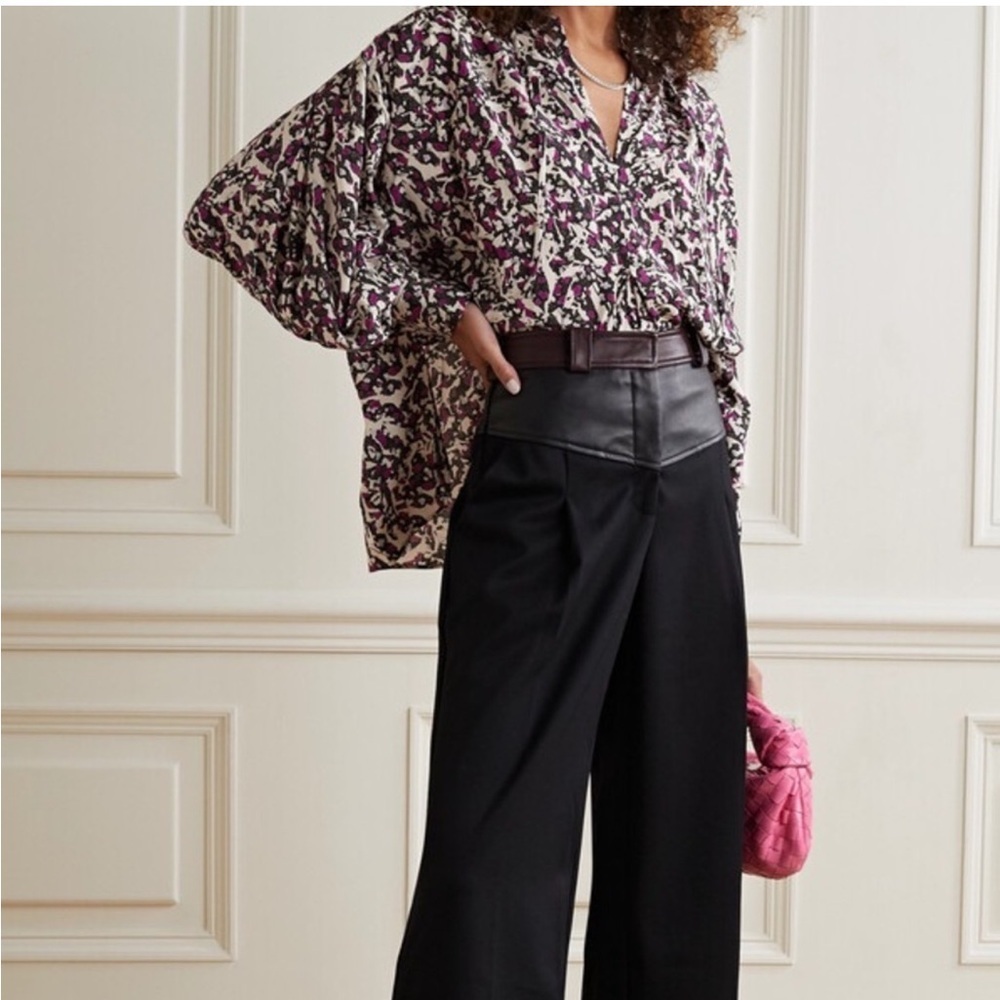 Isabel Marant Cade Blouse Size 2 FR 34 Purple Black Print Silk Buckled Cuff Top